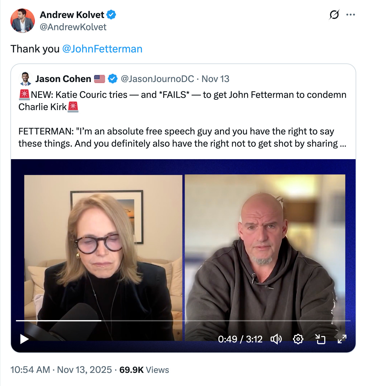Senator John Fetterman Refuses to Condemn Charlie Kirk in Interview with Katie Couric