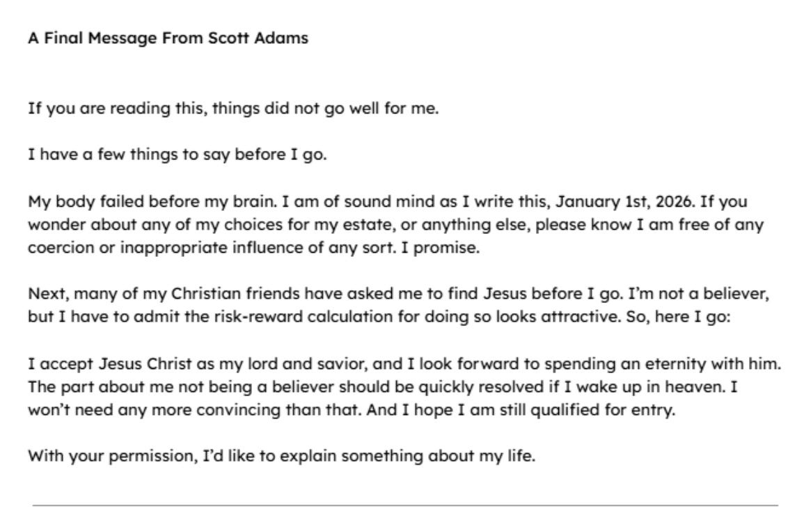 Scott Adams’ Final Confession: A Deathbed Pascal’s Wager