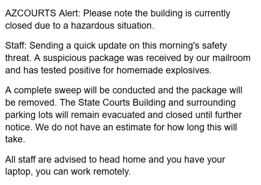 Arizona Supreme Court Evacuated After Homemade Explosives Package Discovered